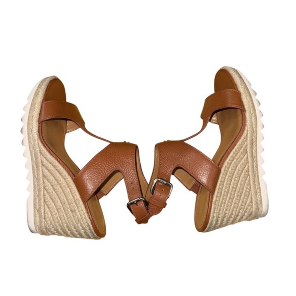 Coach Leeanne Sandal Women 7.5M Pre-Owned Wedge Brown Pebbled Leather Espadrille - Picture 12 of 14